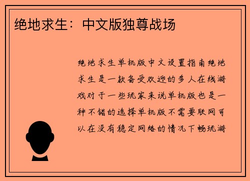 绝地求生：中文版独尊战场